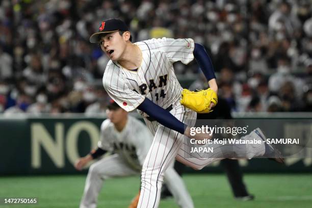 Roki Sasaki of Japan throws in the first inning during the World Baseball Classic Pool B game between Czech Republic and Japan at Tokyo Dome on March...