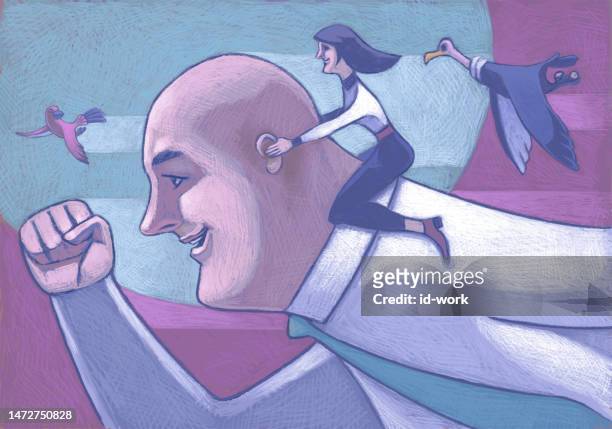 woman riding balding businessman with birds - trains moving forward stock illustrations