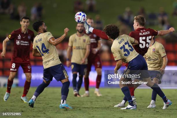 Ethan Alagich of Adelaide United controls the ball during the round 20 A-League Men's match between Newcastle Jets and Adelaide United at McDonald...
