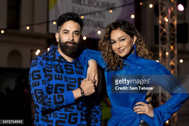 Ankur Dogra and Sharon Johal arrive at the Closing Runway at Melbourne Fashion Festival on March 11, 2023 in Melbourne, Australia.