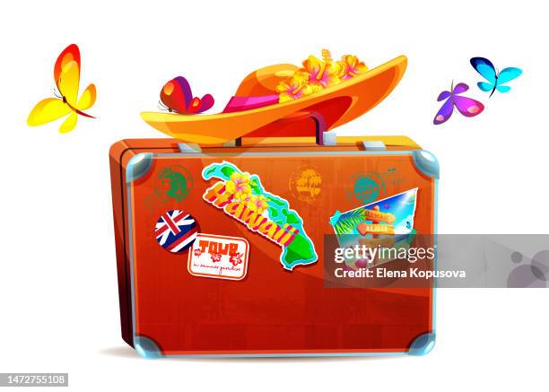 aloha hawaii tropical vacation concept. tourist's luggage with stickers and a photo in a hat with hibiscus flowers on a white background with butterflies. - blue white summer hat background stock illustrations