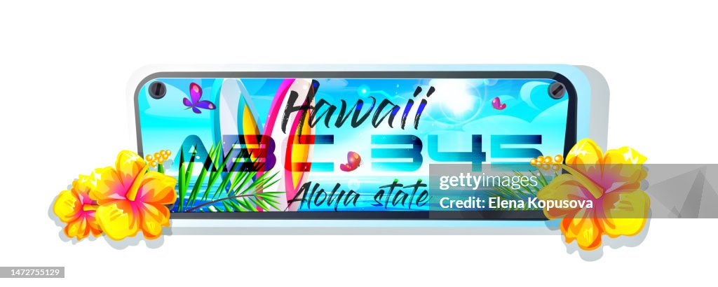 Aloha Hawaii tropical holiday concept in cartoon style. Car number plate with Hawaiian license plates with hibiscus flowers on an isolated white background.