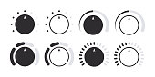 Rotary dials. Volume level handle, rotary dials with round scale and round controller. Vector illustration