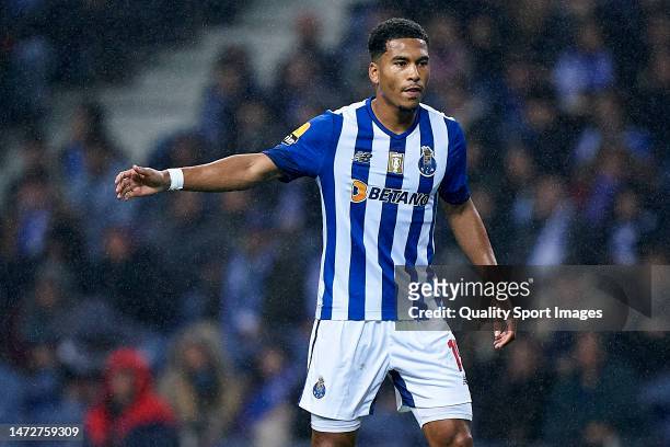 Danny Namaso of FC Porto reacts during the Liga Portugal Bwin match between FC Porto and GD Estoril Praia at Estadio do Dragao on March 10, 2023 in...