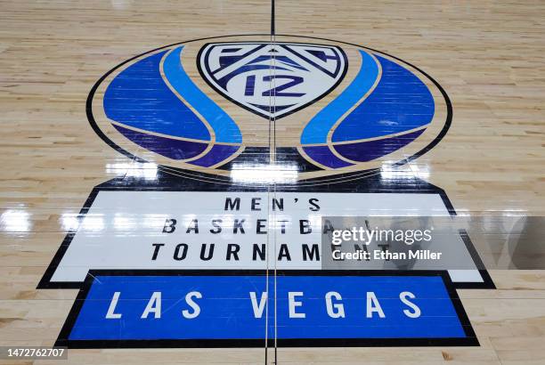 Pac-12 Conference men's basketball tournament logo is shown on the court before a semifinal game of the tournament at T-Mobile Arena on March 10,...