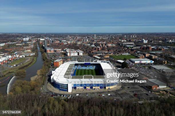 An aerial view of The King Power Stadium prior to the Premier League match between Leicester City and Chelsea FC on March 11, 2023 in Leicester,...
