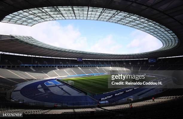 General view inside the stadium prior to the Bundesliga match between Hertha BSC and 1. FSV Mainz 05 at Olympiastadion on March 11, 2023 in Berlin,...