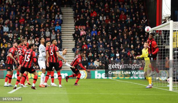 Jefferson Lerma of AFC Bournemouth heads the ball from the goal line during the Premier League match between AFC Bournemouth and Liverpool FC at...
