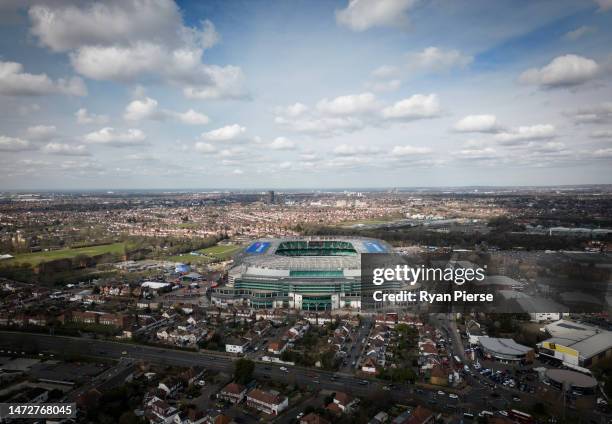 An aerial view of Twickenham Stadium prior to the Guinness Six Nations Rugby match between England and France at Twickenham Stadium on March 11, 2023...