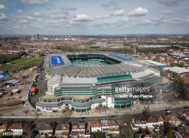 An aerial view of Twickenham Stadium prior to the Guinness Six Nations Rugby match between England and France at Twickenham Stadium on March 11, 2023...