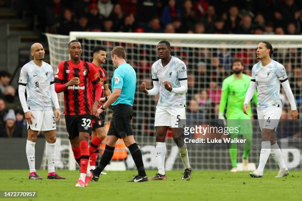 Ibrahima Konate of Liverpool reacts towards Referee John Brooks after a free kick during the Premier League match between AFC Bournemouth and...