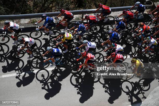 Matteo Jorgenson of The United States and Movistar Team - White Best Young Rider Jersey and a general view of the peloton competing during the 81st...