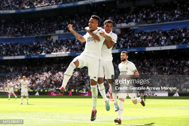 Eder Militao of Real Madrid celebrates with teammate Rodrygo after scoring the team's second goal during the LaLiga Santander match between Real...