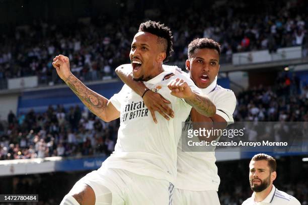 Eder Militao of Real Madrid celebrates with teammate Rodrygo after scoring the team's second goal during the LaLiga Santander match between Real...