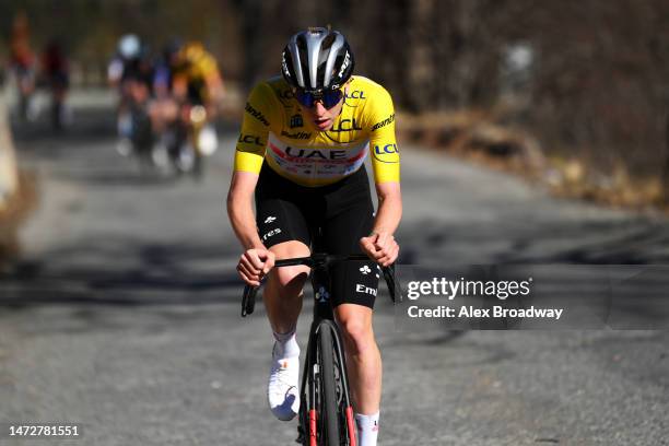 Tadej Pogacar of Slovenia and UAE Team Emirates - Yellow Leader Jersey competes in the breakaway during the 81st Paris - Nice 2023, Stage 7 a 142.9km...