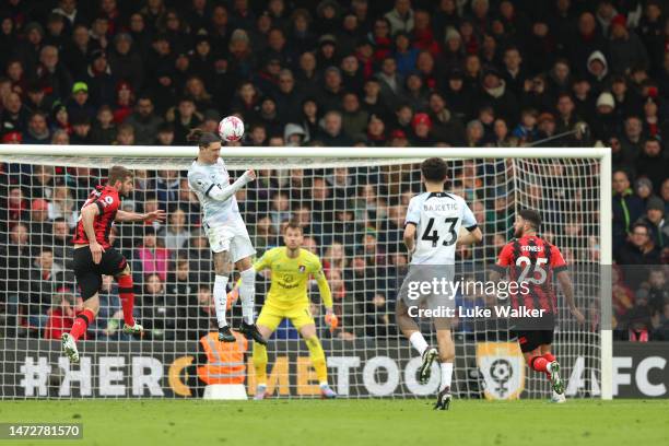 Darwin Nunez of Liverpool heads the ball during the Premier League match between AFC Bournemouth and Liverpool FC at Vitality Stadium on March 11,...