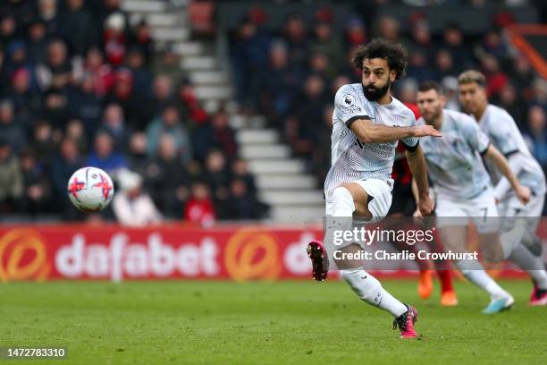 Mohamed Salah of Liverpool misses a penalty kick during the Premier League match between AFC Bournemouth and Liverpool FC at Vitality Stadium on...