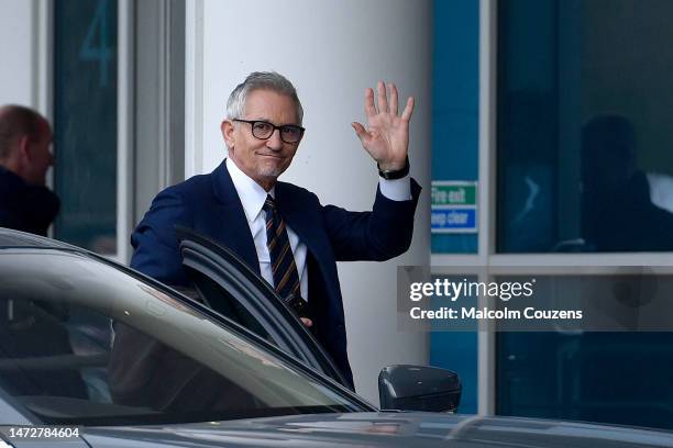 Television presenter and former player Gary Lineker arrives at the stadium before the Premier League match between Leicester City and Chelsea FC at...