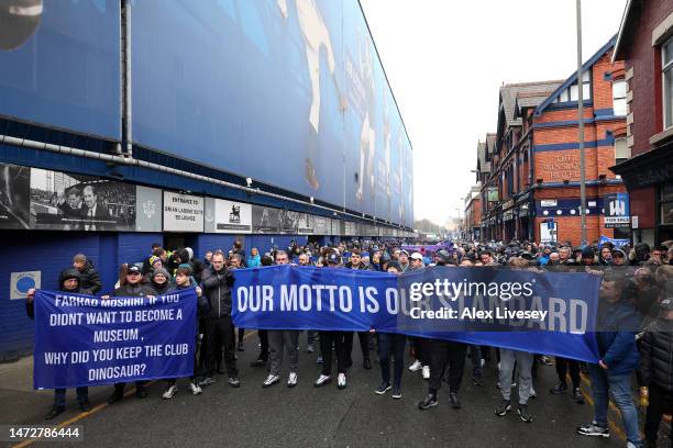 Everton fans protest against the clubs owner, Farhad Moshiri outside the stadium prior to the Premier League match between Everton FC and Brentford...