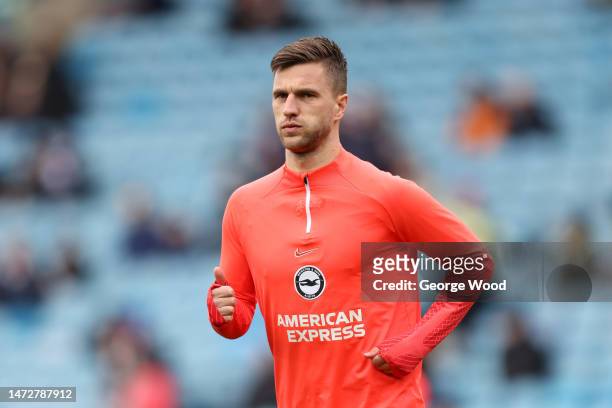 Joel Veltman of Brighton & Hove Albion warms up prior to the Premier League match between Leeds United and Brighton & Hove Albion at Elland Road on...