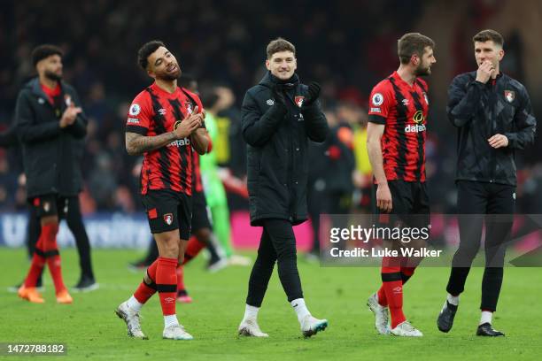 David Brooks of AFC Bournemouth applauds the fans after the team's victory in the Premier League match between AFC Bournemouth and Liverpool FC at...