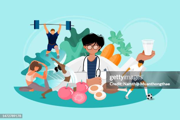 healthcare and medicine illustration concept shows the doctor advising how to be a healthy person by referring exercise and eating good food regularly. - healthy eating cartoon stock pictures, royalty-free photos & images
