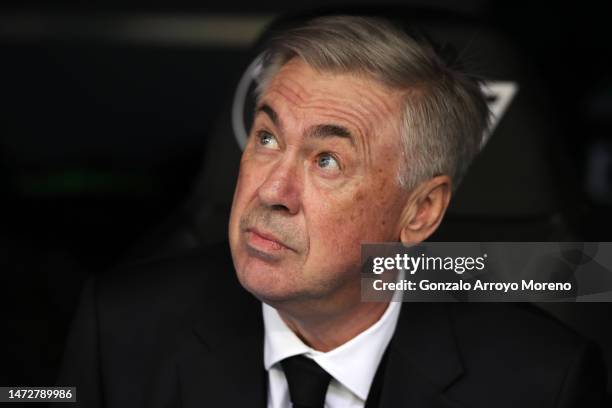 Carlo Ancelotti, Manager of Real Madrid, looks on during the LaLiga Santander match between Real Madrid CF and RCD Espanyol at Estadio Santiago...