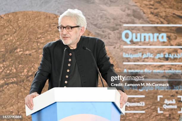 Doha Film Institute Artistic Advisor Elia Suleiman speaks on stage at the Meet and Greet on day one of Qumra 2023, the ninth edition, organized by...
