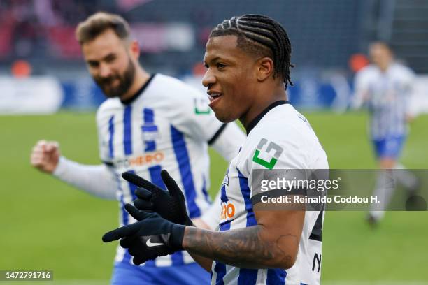 Jessic Ngankam of Hertha Berlin celebrates after scoring the team's first goal during the Bundesliga match between Hertha BSC and 1. FSV Mainz 05 at...
