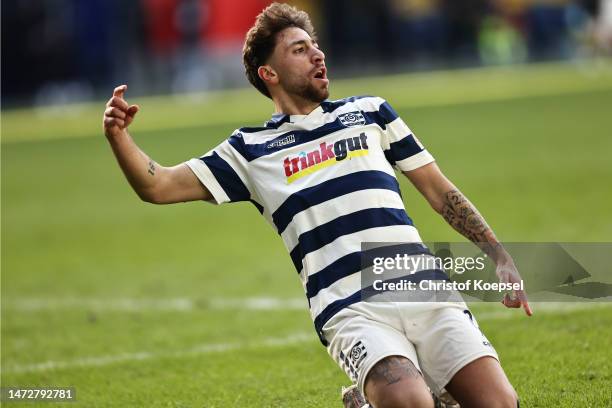 Alaa Bakir of Duisburg celebrates the second goal during the 3. Liga match between MSV Duisburg and TSV 1860 München at Schauinsland-Reisen-Arena on...