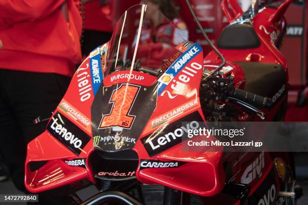 The number 1 on the bike of Francesco Bagnaia of Italy and Ducati Lenovo Team parks in box during the Portimao MotoGP Official Test at Portimao...