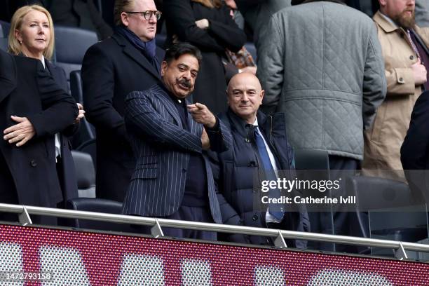 Fulham owner Shahid Khan speaks to Tottenham Hotspur chairperson Daniel Levy prior to the Premier League match between Tottenham Hotspur and...