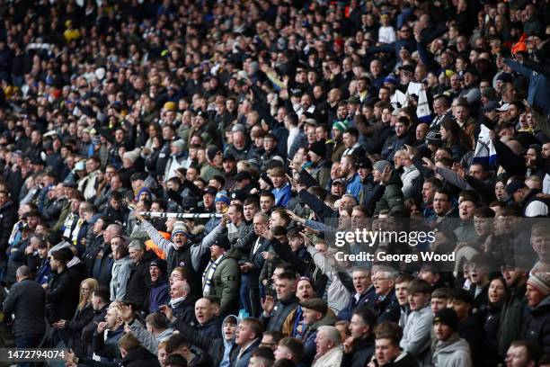 Leeds United fans show their support from the stands prior to the Premier League match between Leeds United and Brighton & Hove Albion at Elland Road...