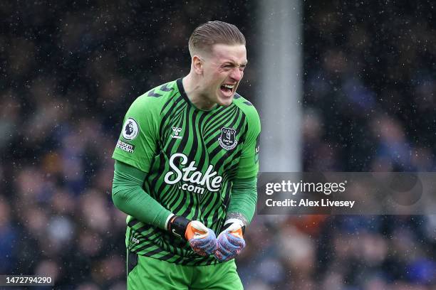 Jordan Pickford of Everton celebrates after their sides first goal during the Premier League match between Everton FC and Brentford FC at Goodison...