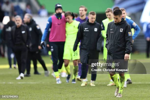 Stefan Lex of TSV 1860 Muenchen looks dejected after the 2-2 draw of the 3. Liga match between MSV Duisburg and TSV 1860 München at...