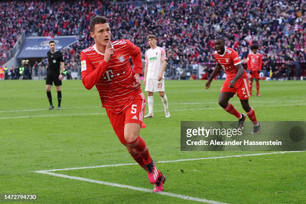 Benjamin Pavard of FC Bayern Munich celebrates after scoring the team's second goal during the Bundesliga match between FC Bayern Muenchen and FC...