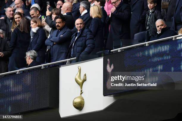 Fulham owner Shahid Khan speaks to Tottenham Hotspur chairperson Daniel Levy prior to the Premier League match between Tottenham Hotspur and...