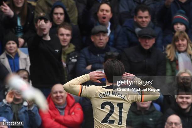 Ben Chilwell of Chelsea celebrates after scoring the team's first goal during the Premier League match between Leicester City and Chelsea FC at The...