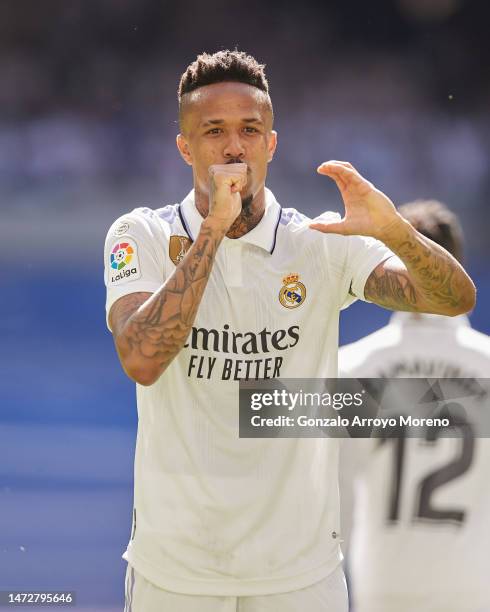 Eder Gabriel Militao of Real Madrid CF celebrates scoring their second goal during the LaLiga Santander match between Real Madrid CF and RCD Espanyol...