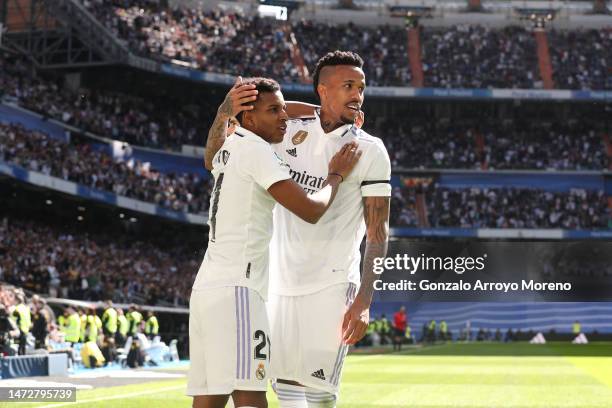Eder Gabriel Militao of Real Madrid CF celebrates scoring their second goal with teammate Rodrygo Goes during the LaLiga Santander match between Real...