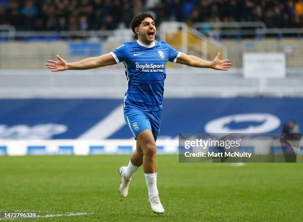 Reda Khadra of Birmingham City celebrates scoring the side's first goal during the Sky Bet Championship between Birmingham City and Rotherham United...