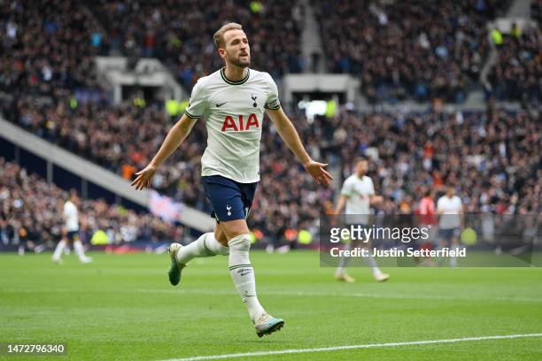 Harry Kane of Tottenham Hotspur celebrates after scoring the team's first goal during the Premier League match between Tottenham Hotspur and...