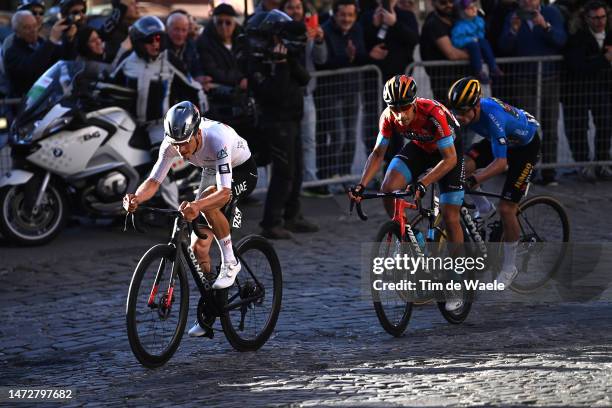 Joao Almeida of Portugal and UAE Team Emirates - White Best Young Rider Jersey, Primoz Roglic of Slovenia and Team Jumbo - Visma - Blue Leader Jersey...