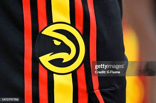 View of the Atlanta Hawks logo on their uniform during the game against the Washington Wizards at Capital One Arena on March 08, 2023 in Washington,...