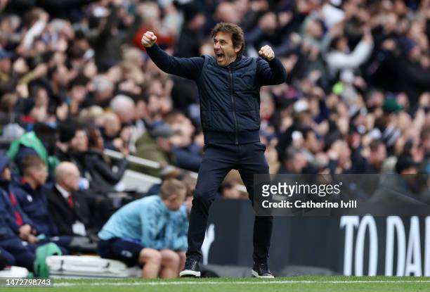 Antonio Conte, Manager of Tottenham Hotspur, celebrates after their sides second goal during the Premier League match between Tottenham Hotspur and...