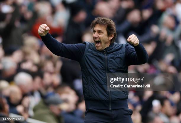 Antonio Conte, Manager of Tottenham Hotspur, celebrates after their sides second goal during the Premier League match between Tottenham Hotspur and...