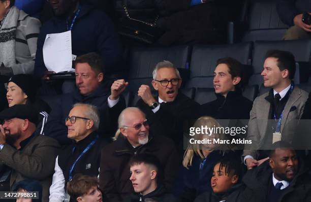 Gary Lineker reacts after Chelsea's second goal was disallowed by VAR for offside from the stands during the Premier League match between Leicester...