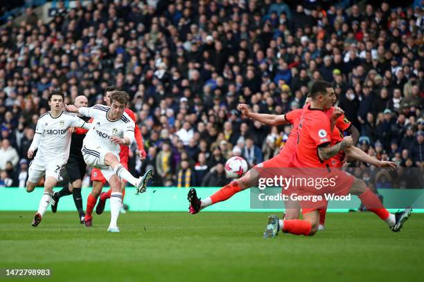 Patrick Bamford of Leeds United scores the team's first goal during the Premier League match between Leeds United and Brighton & Hove Albion at...