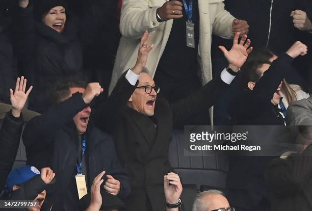 Gary Lineker celebrates after Leicester City scored their sides first goal during the Premier League match between Leicester City and Chelsea FC at...