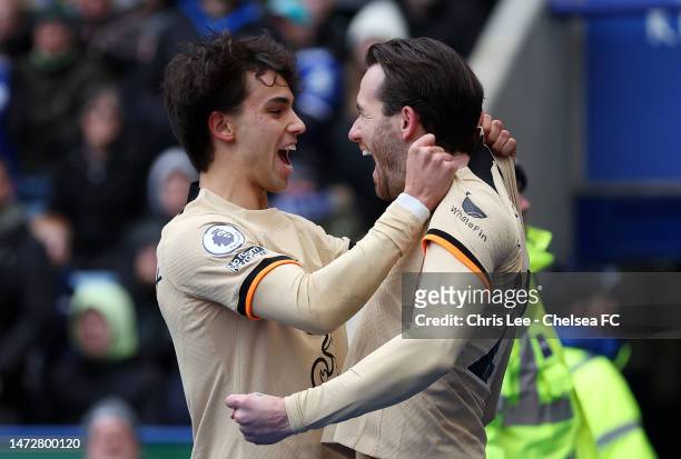 Ben Chilwell of Chelsea celebrates after scoring the team's first goal during the Premier League match between Leicester City and Chelsea FC at The...